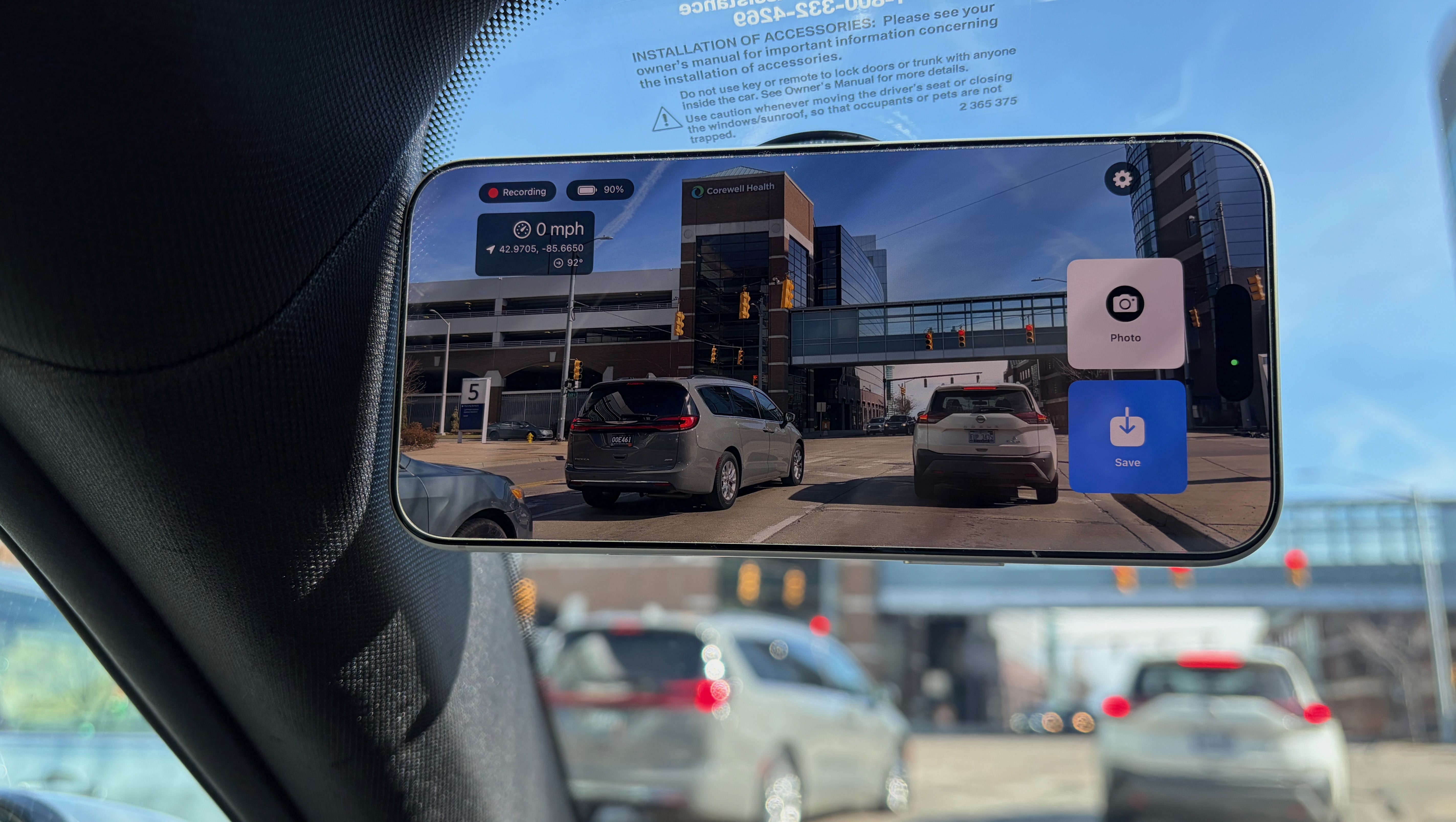 iPhone mounted on windshield running DashCam MVP